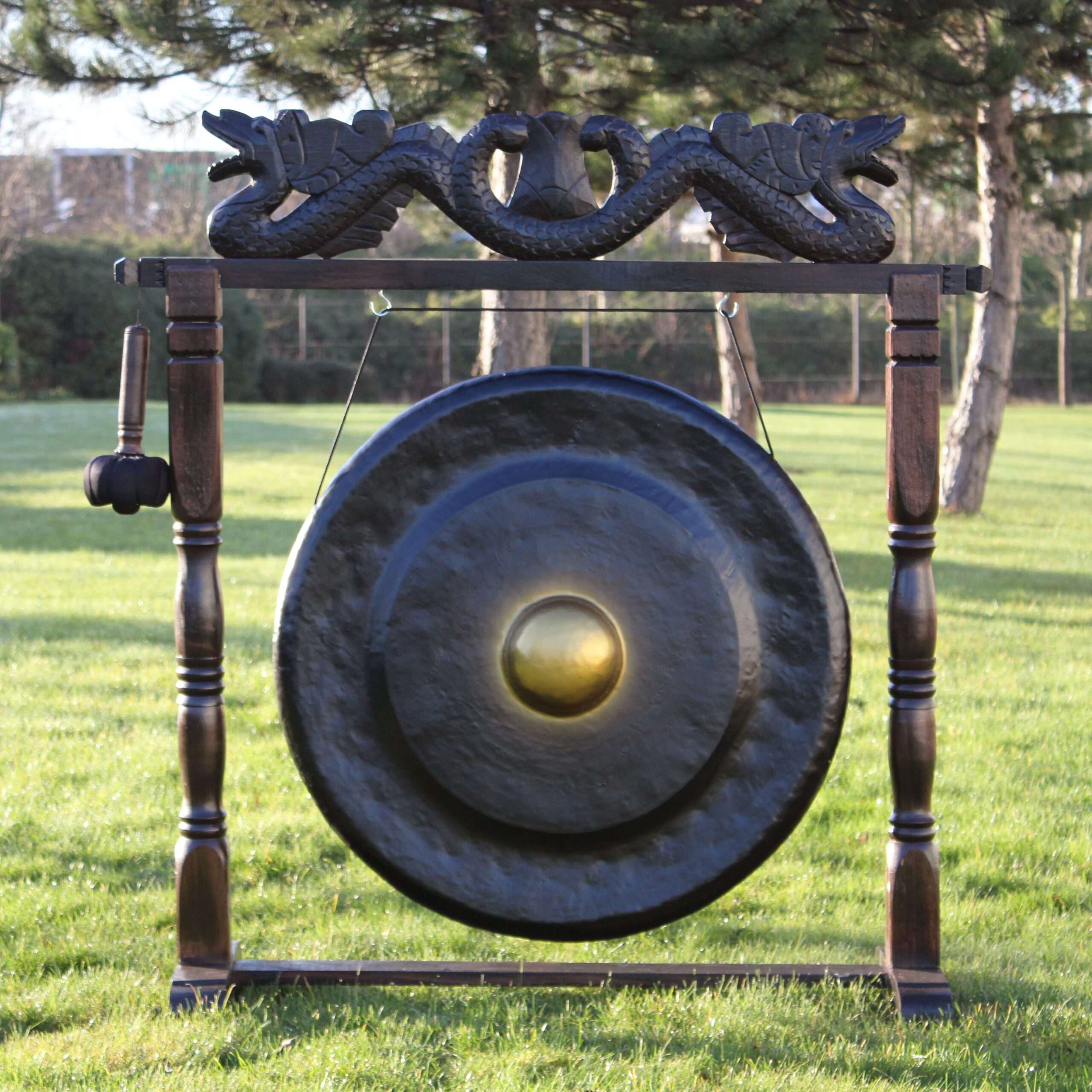 Gran Gong de Meditación en Soporte Marrón Antiguo - 80cm - Negro - Imagen 3