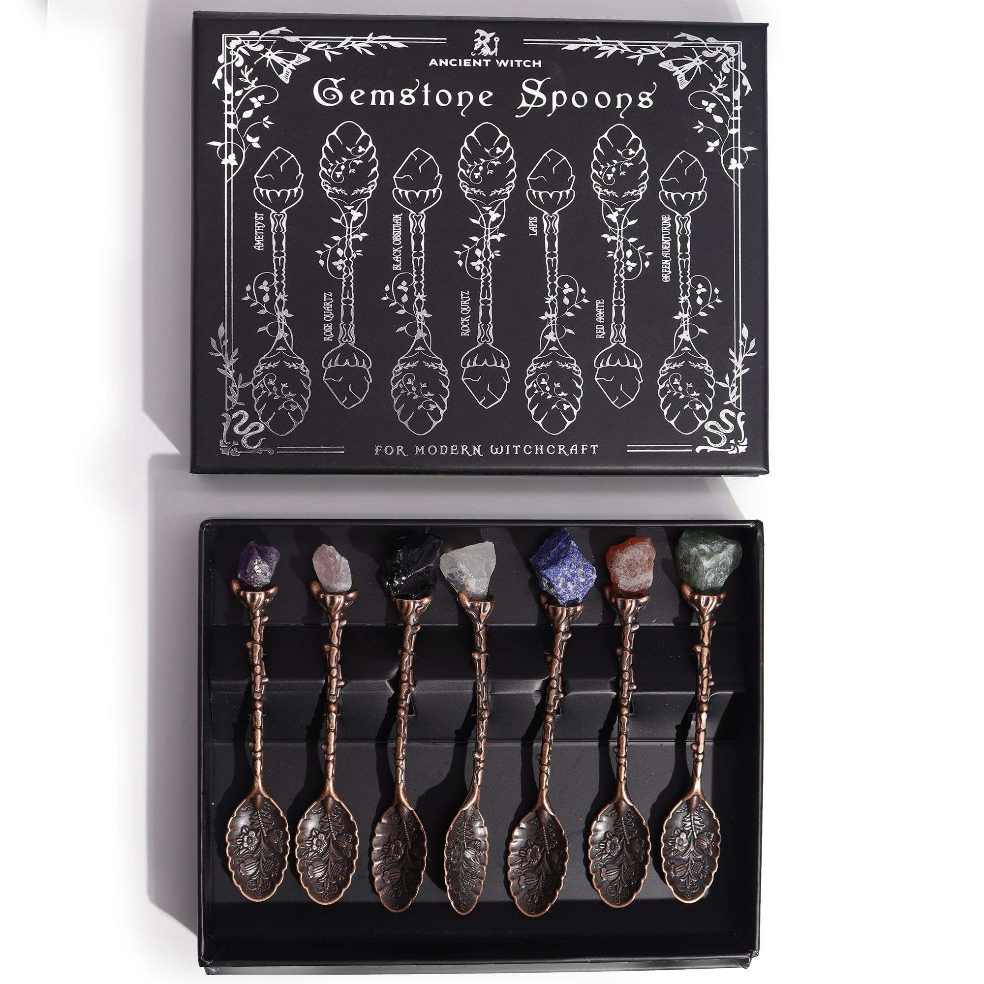 Set de 7 Cucharas de Bruja de Cristal con Piedra Preciosa de Bronce - Imagen 2