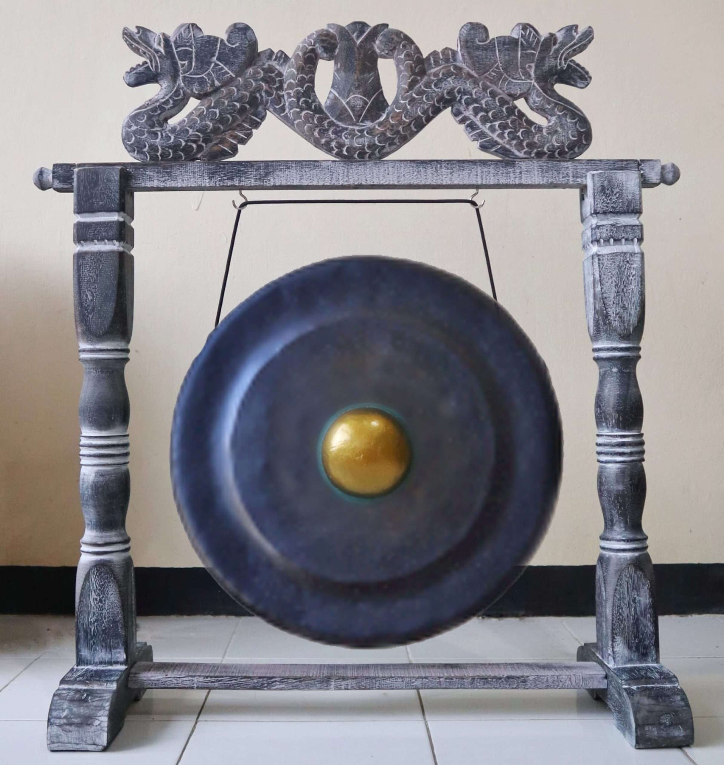 Gran Gong de Meditación en Soporte Marrón Antiguo - 80cm - Negro - Imagen 4